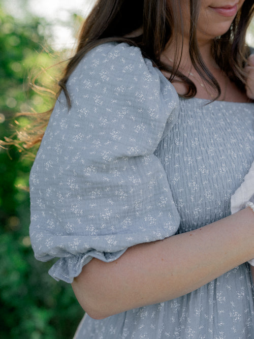 The May Dress | Dusty Blue Smocked Cotton Midi Dress